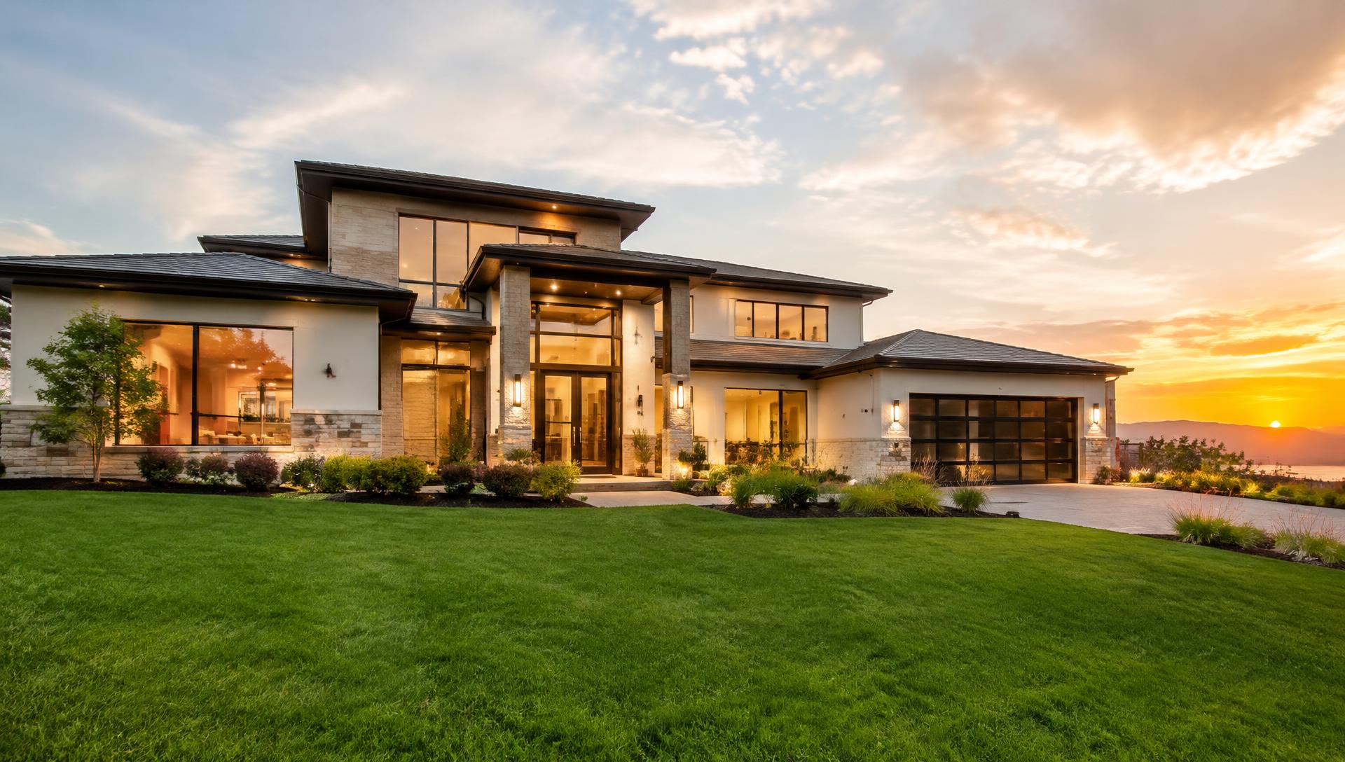 Modern home at sunset